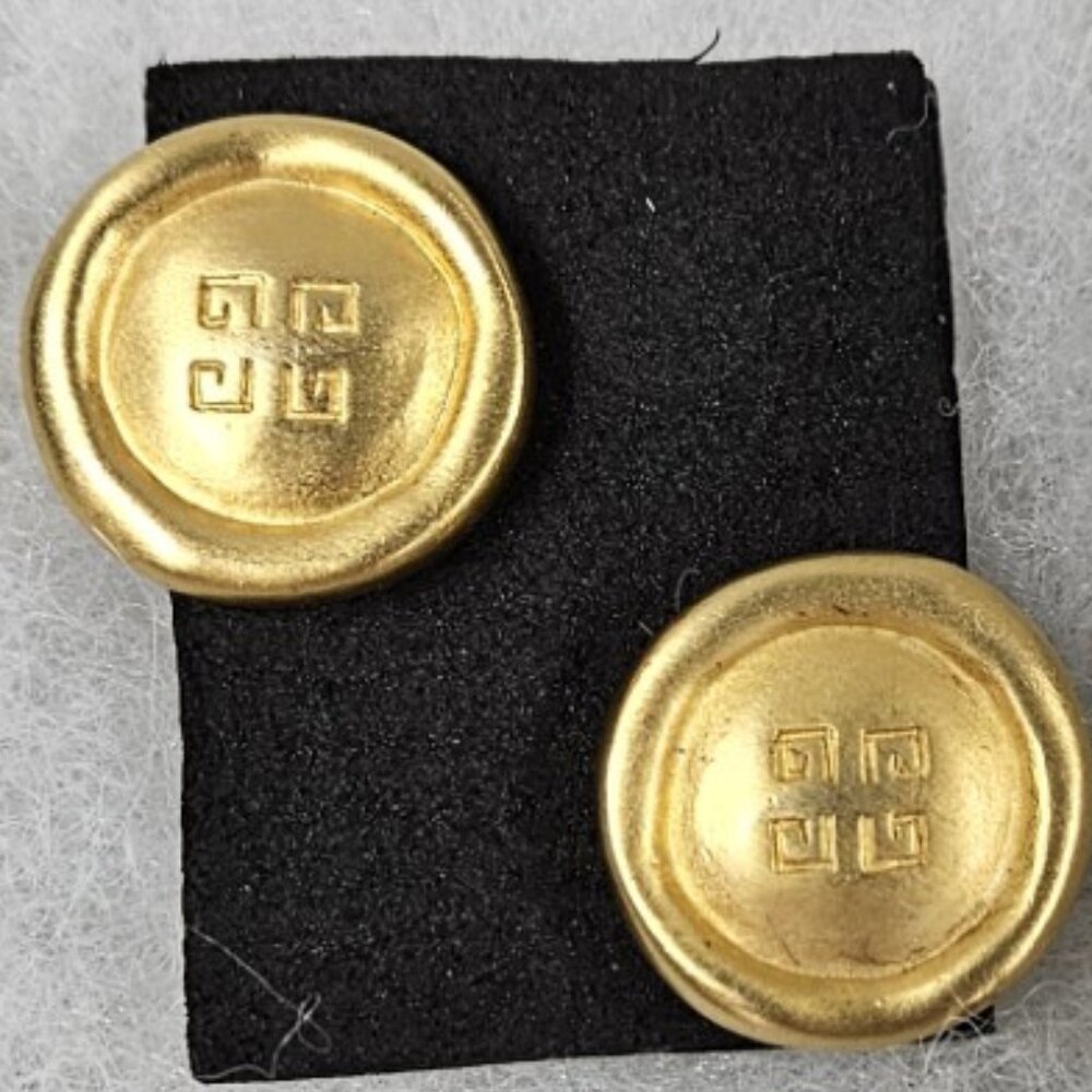 Vintage 1980s Givenchy Signed Gold Tone Logo Clip-On Earrings Designer Jewelry